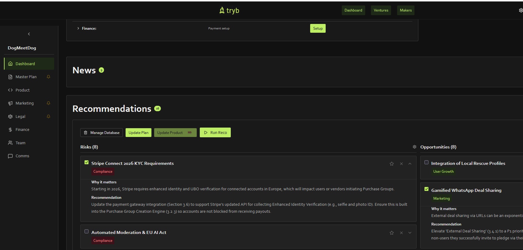 News and recommendations dashboard